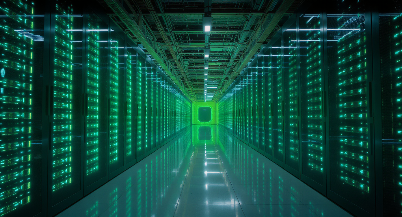 High-density liquid-cooled GPU racks in an AI-optimized data center hall