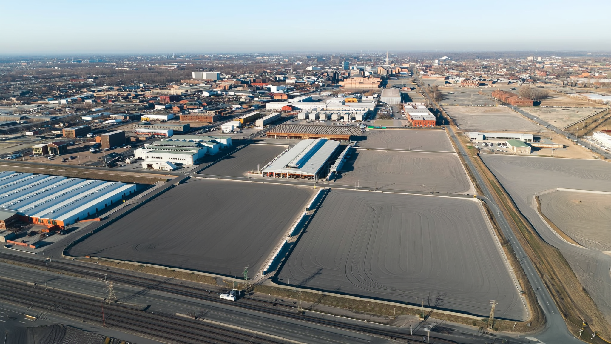 Aerial view of prepared industrial parcels in an established utility corridor