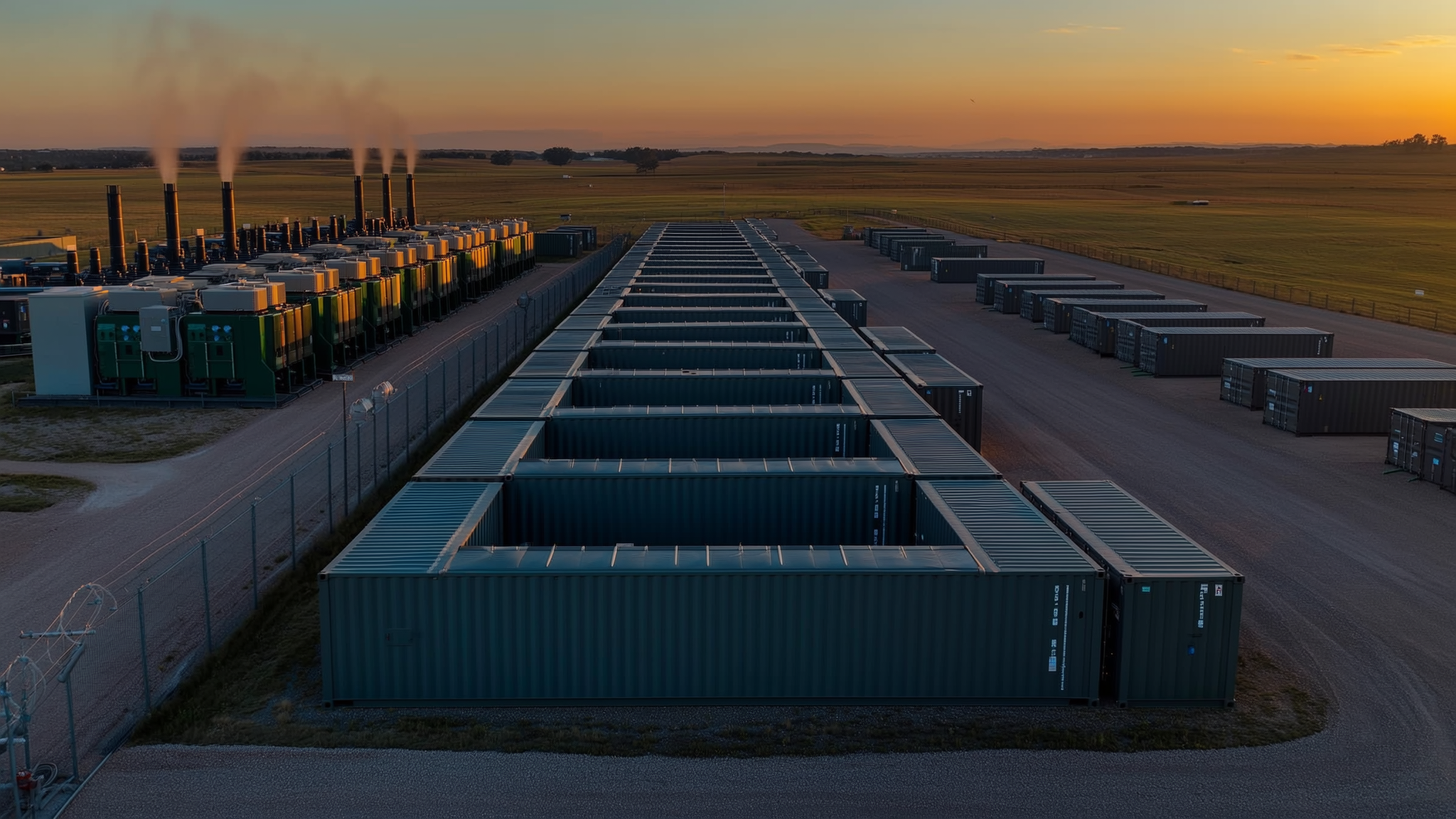 Rows of factory-built data center modules on a power-ready industrial site at dusk