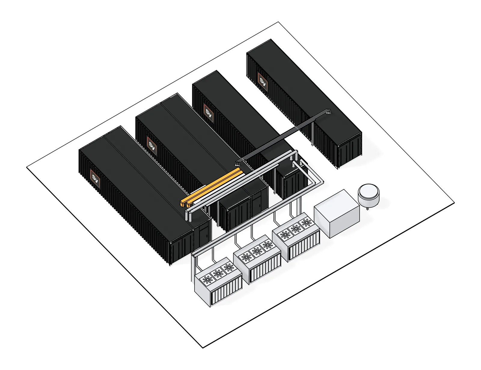 Syaala 1.6 MW liquid-cooling block: IT, power, energy storage and pump modules with dry coolers