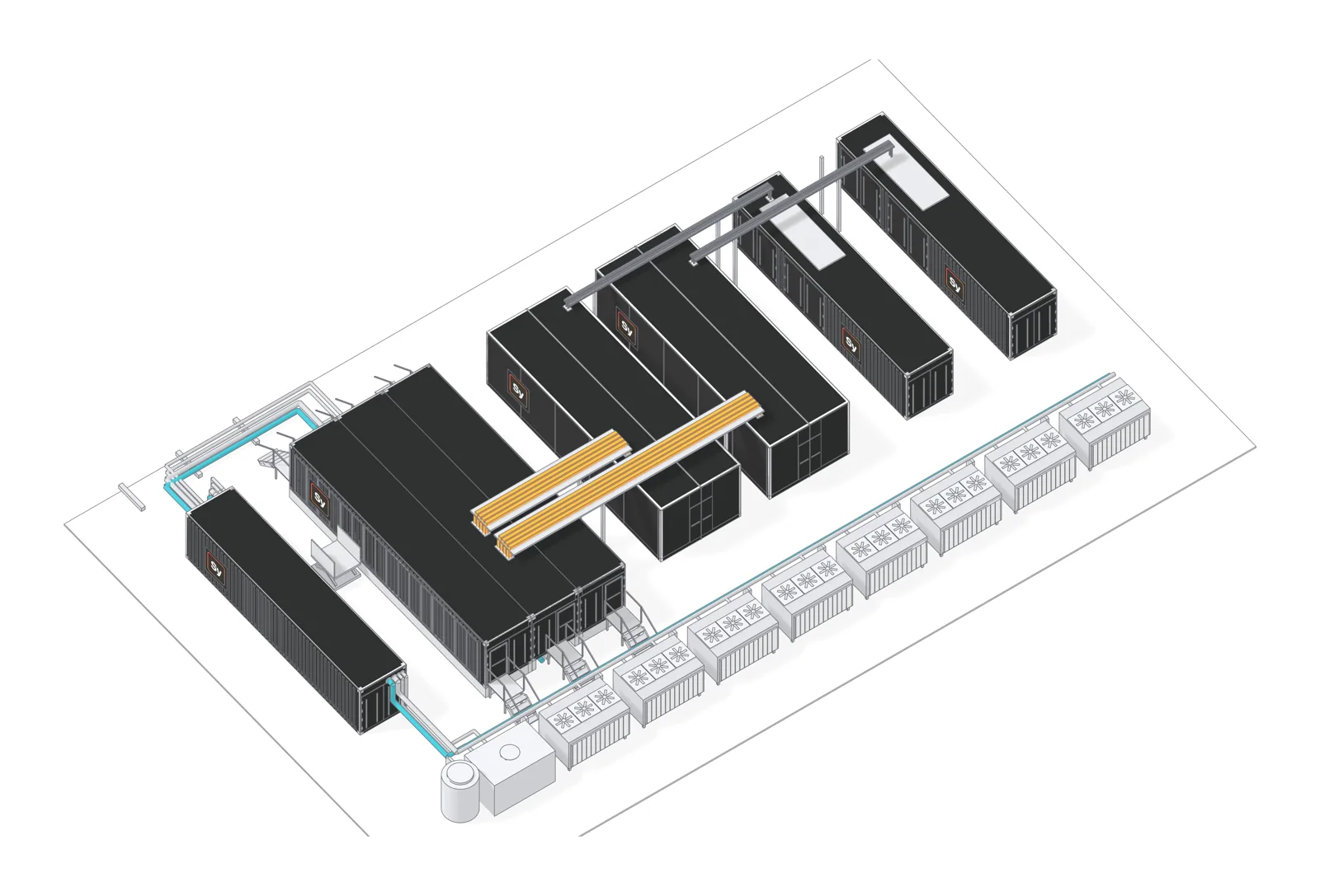 Syaala 4.8 MW B300 liquid-cooling block: two rack wings on a central service spine with power, energy storage and pump modules and dry coolers