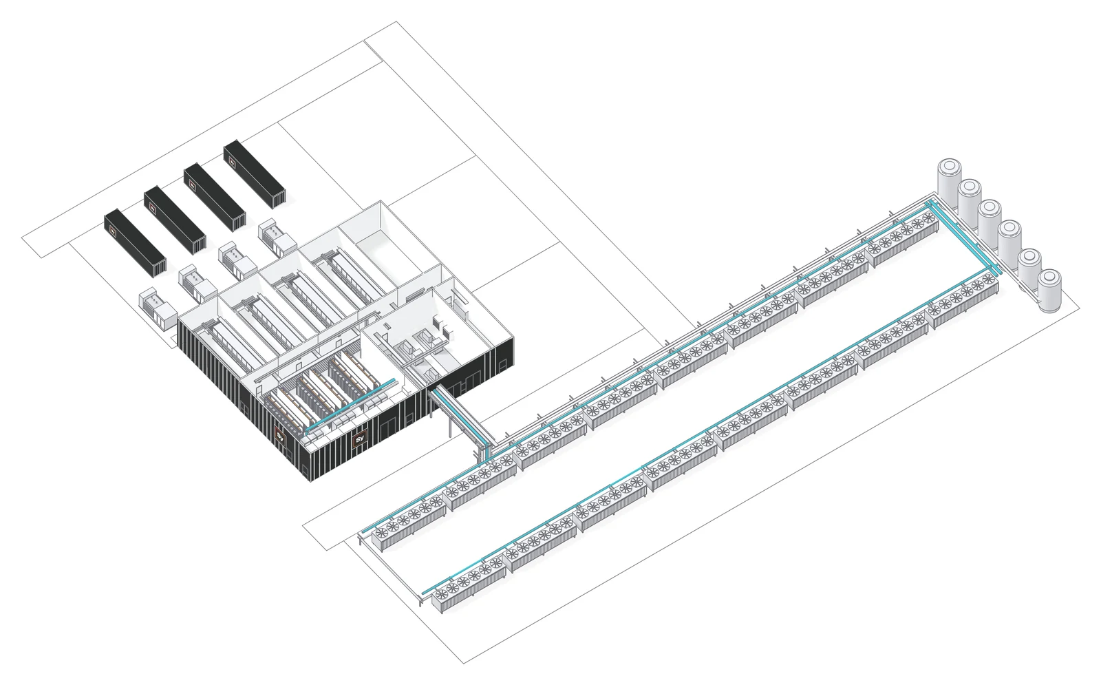 Syaala 9 MW Zone with the roof off: a one-storey hall of three pods, four power bays, substations and battery boxes, and two lines of coolers